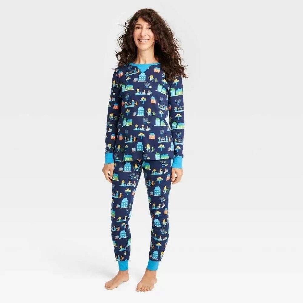 Women's Hanukkah Lions Print Matching Family Pajama Set - Navy Blue XL